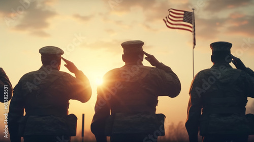 Soldiers give honor at the American flag. Generative AI