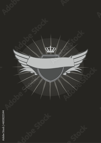 An heraldic shield or badge with banner , blank so you can add your own images. Black background . Vector illustration.