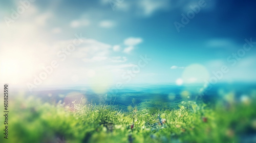 View of the green field in the morning on bokeh background. Generative AI