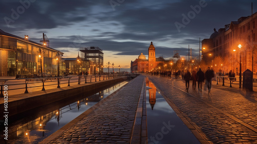 sixteeth century sea docks during dusk, moored ships, vivid colours and reflections on the water, Created using generative AI tools.