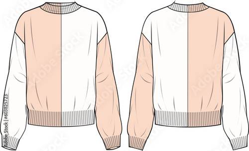 Women's Bicolour Mock Neck Jumper. Technical fashion illustration. Front and back, colored. Women's CAD mock-up.