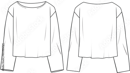 Women's Boat Neck, Loose top. Technical fashion illustration. Front and back, white colour. Unisex CAD mock-up.