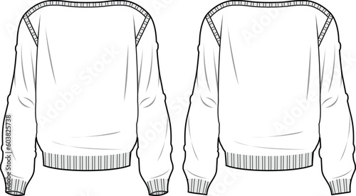 Women's Boat Neck Jumper. Technical fashion illustration. Front and back, white color. Women's CAD mock-up.