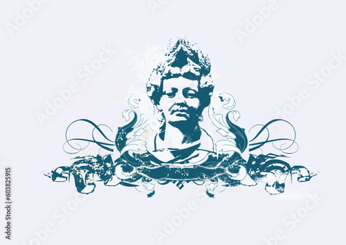 womans bust with heraldic ornament on grunge background.vector illustration