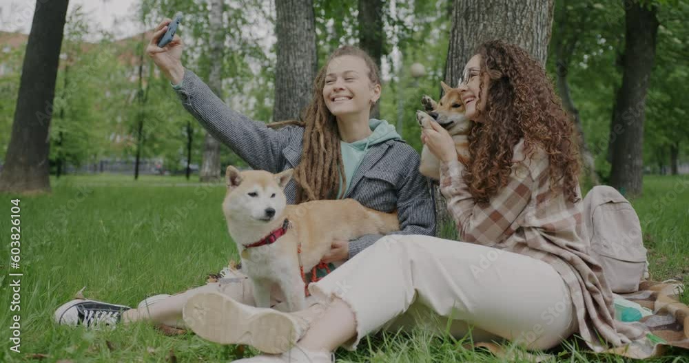 Young women friends taking selfie with shiba inu dogs posing for smartphone camera having fun with pets in park. Friendship and animals concept. Young women friends taking selfie with shiba inu dogs posing for smartphone camera having fun with pets in park. Friendship and animals concept.