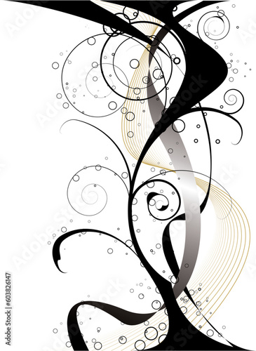 gothic black and gold design with a floral theme and flowing gold lines