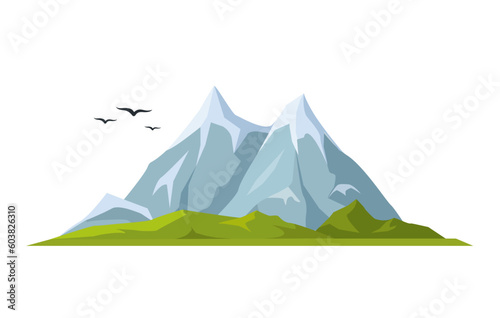 Mountain with green grass and birds on a white background
