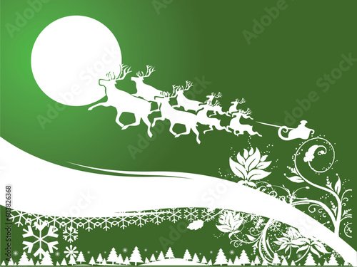 Vector Santa Claus goes with gifts on reindeers illustration background