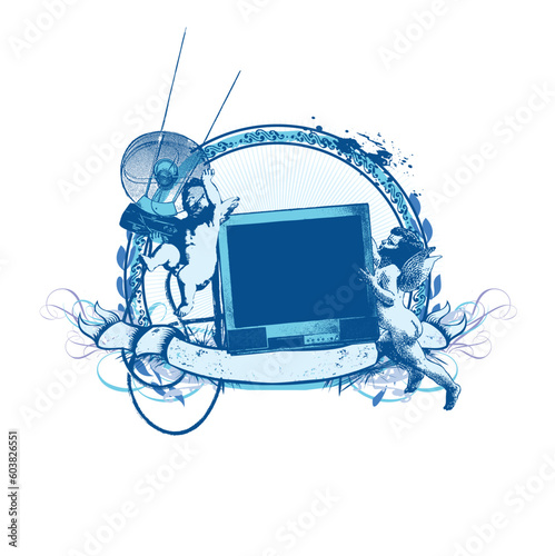 Vector insignia and banner.  Two pretty cupids trying to find a tv channel.