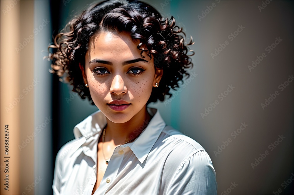 A woman in white blouse standing in office meeting room. Beautiful sexy dark curly hair young latino female employeer wearing casual street style. Looking at camera. Generative AI
