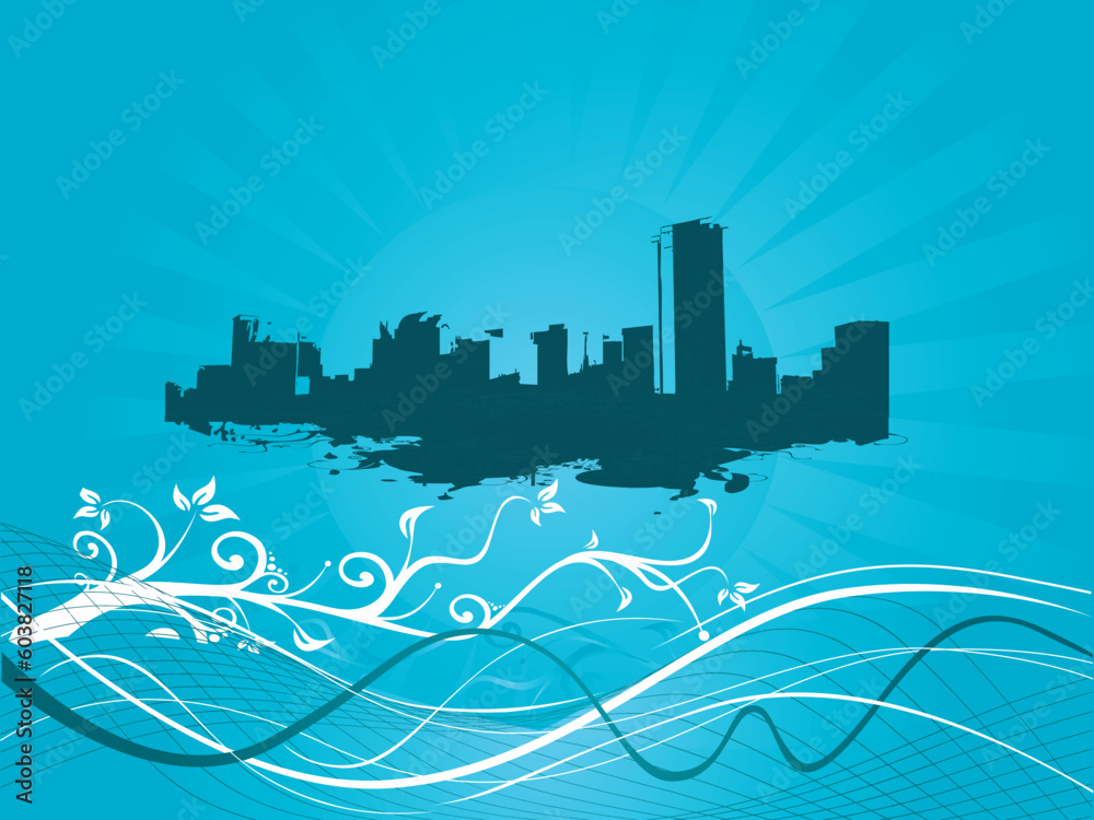 Floral grunge and urban city theme in blue, vector wallpaper