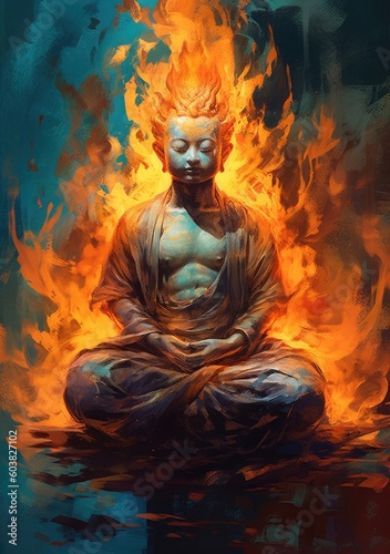 a flame buddha sitting on fire in the style of futurist