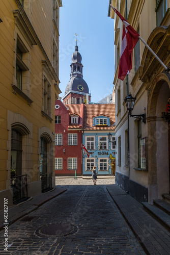 Riga old town Lativa Summer June 2023 photogenic streets with women girl in dress advertisment tourism