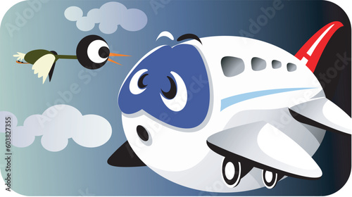 An aeroplane in troublesome face in sky with a bird about to hit