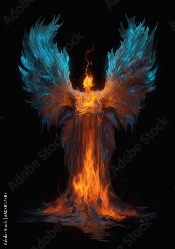 a flame statue with wings sitting down on a black