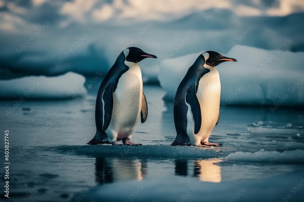 Obraz premium illustration, two penguins in the arctic ocean, ai generative