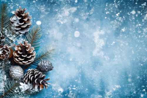 Christmas blue wood background, Christmas frame, pine cones wooden surface. Generative Ai Illustration. 