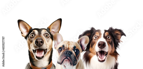 Portrait of Three Surprised Dogs (Pinscher; Bulldog, Collie). AI generative. Isolated on White Background.