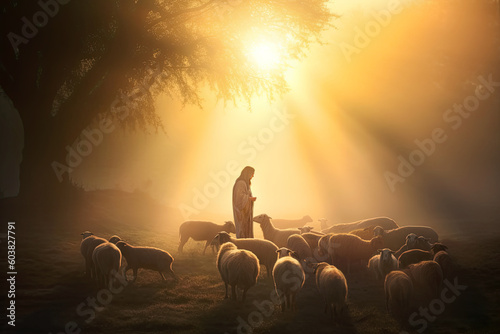 Fotografie, Obraz Bible Jesus Shepherd with His Flock of Sheep during Sunrise