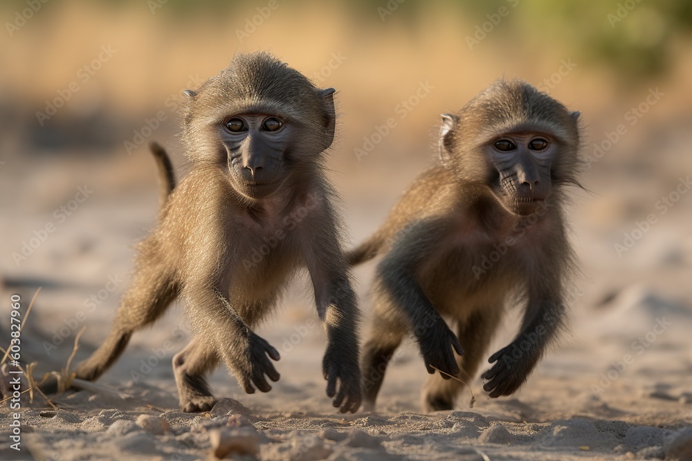 illustration, two baby monkey baboons, ai generative