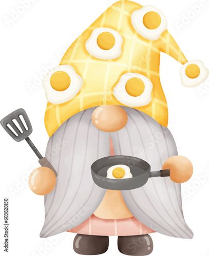 A cute gnome wearing a yellow hat with a fried egg. and the right hand holds a spatula left hand holding pan