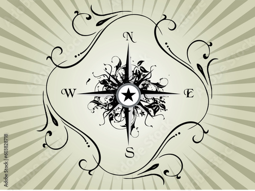 Compass panel on grey floral frame, illustration