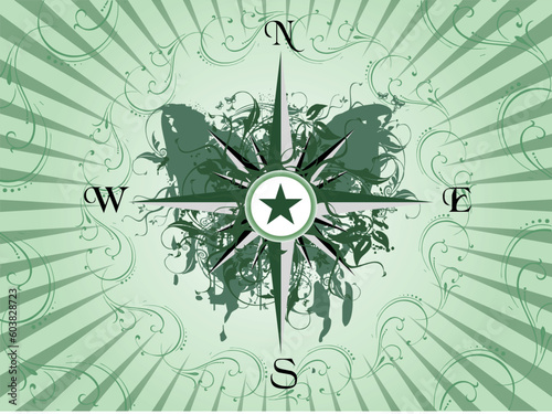 Compass panel on green grunge butterfly background