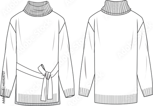 Women's Belted Roll Neck Tunic. Technical fashion illustration. Front and back, white color. Women's CAD mock-up.
