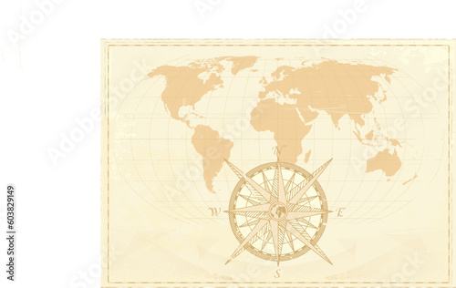 Vintage word map grunge background with retro compass. Vector illustration.