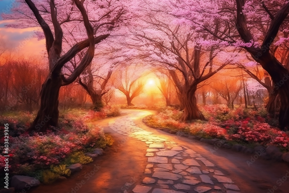 Beautiful landscape of a sakura alley in the park. Generative AI Beautiful landscape of a sakura alley in the park. Generative AI