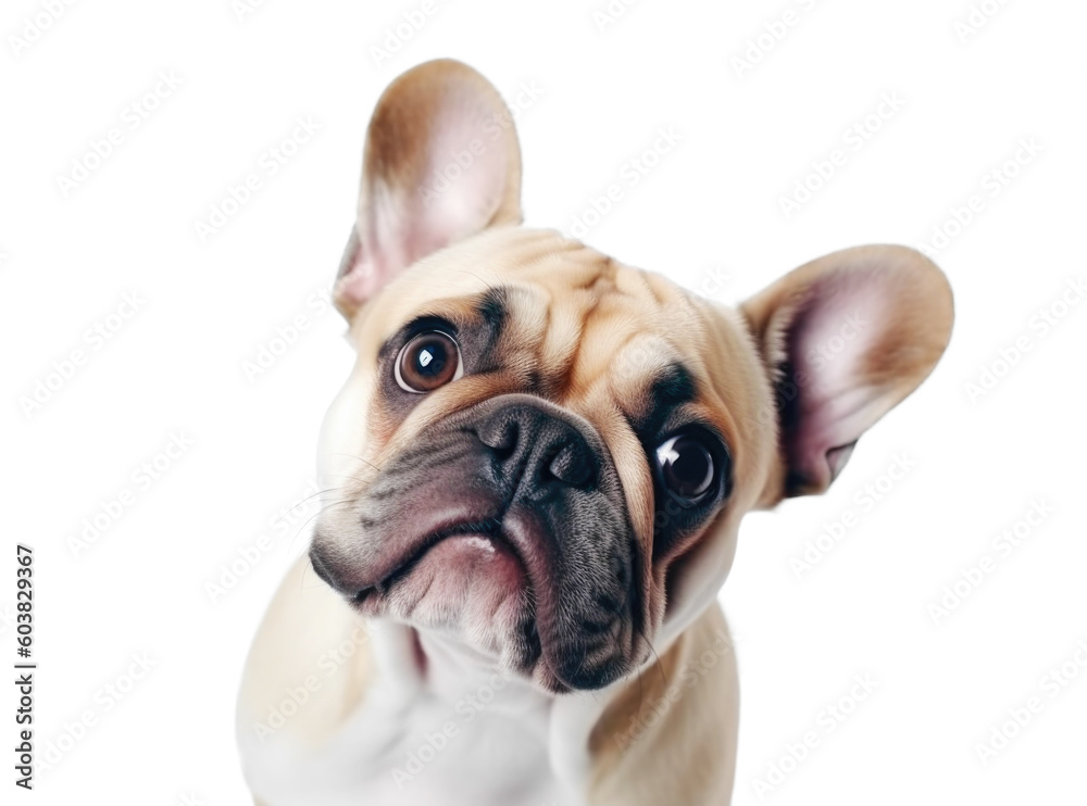 Funny Surprised Close-up BullDog with Huge Eyes Portrait. AI generative. Isolated on White Background. Funny Surprised Close-up BullDog with Huge Eyes Portrait. AI generative. Isolated on White Background.