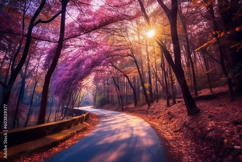 Beautiful landscape of a winding road in a forest. Generative AI Beautiful landscape of a winding road in a forest. Generative AI