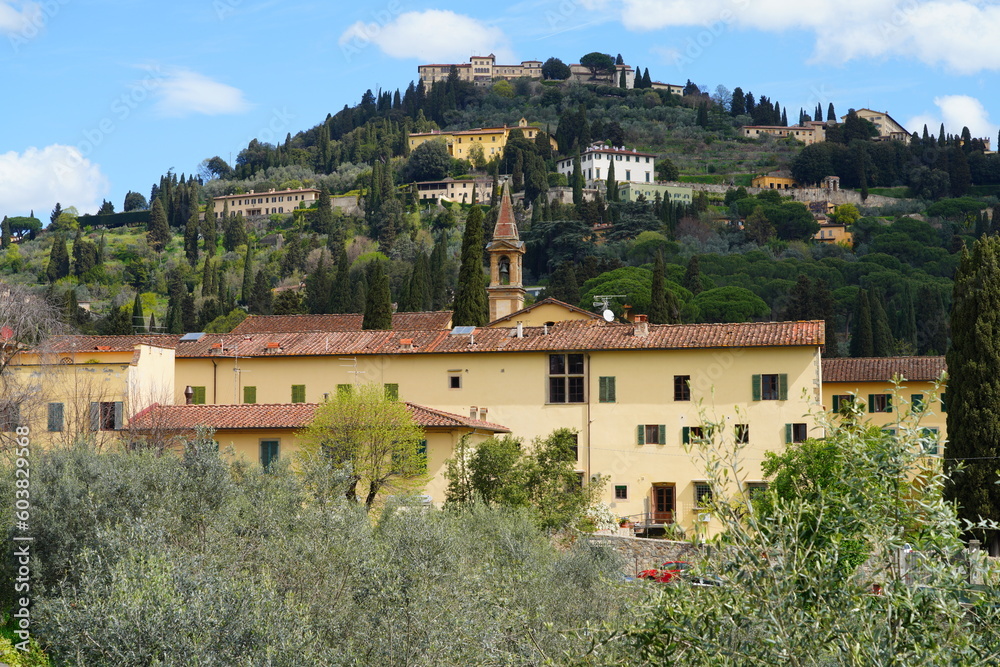 View of the city of Fiesole, located in the hills above Florence in Tuscany, Italy, in the spring