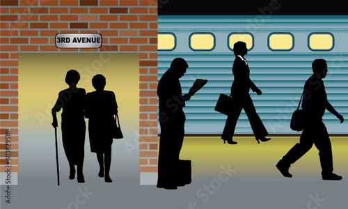 silhouettes of people standing, walking in metro station