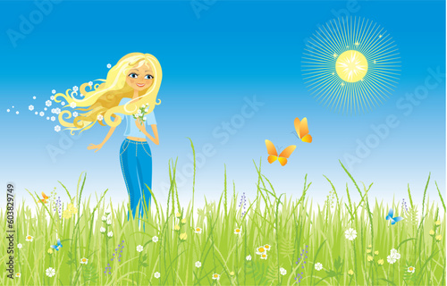 The girl and butterfly. Grass and flowers.