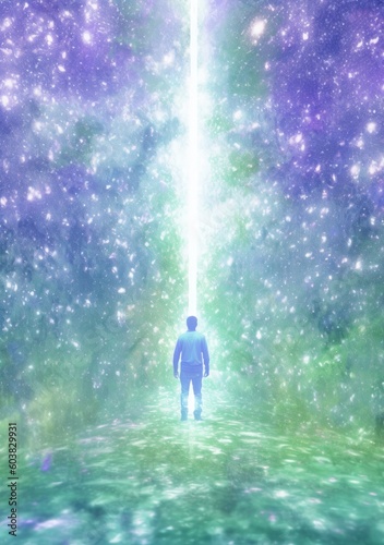 A green person with a light coming from behind him