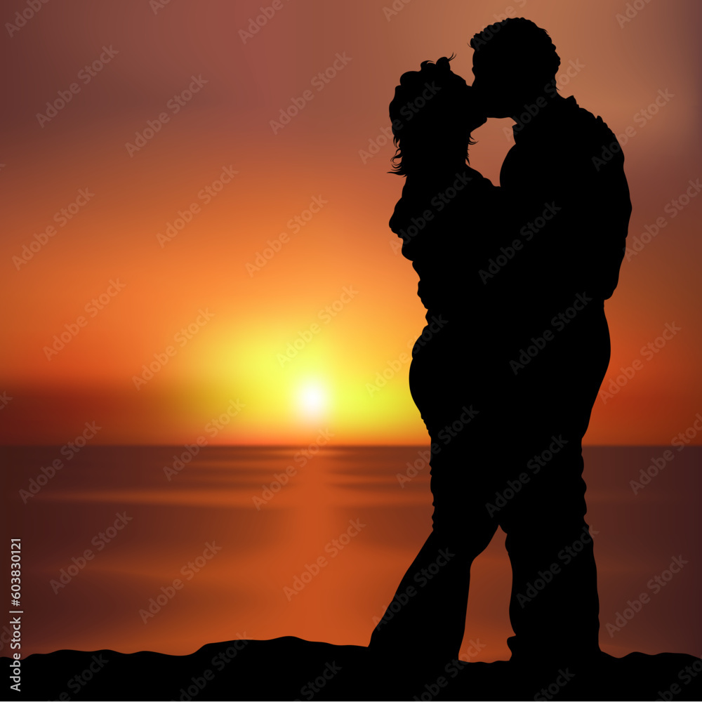 Lovers A - High detailed and coloured vector illustration.  Two lovers and sunse