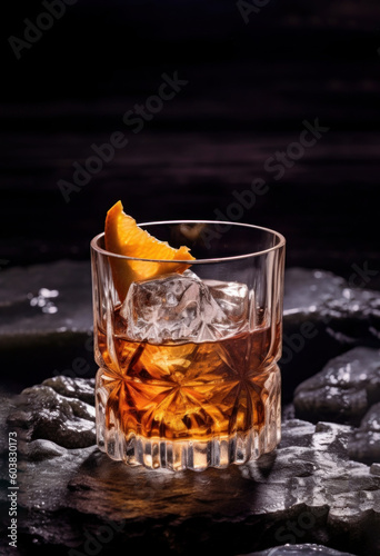 Studio photo shot of Old Fashioned Cocktail over dark rocky background created with Generative AI technology