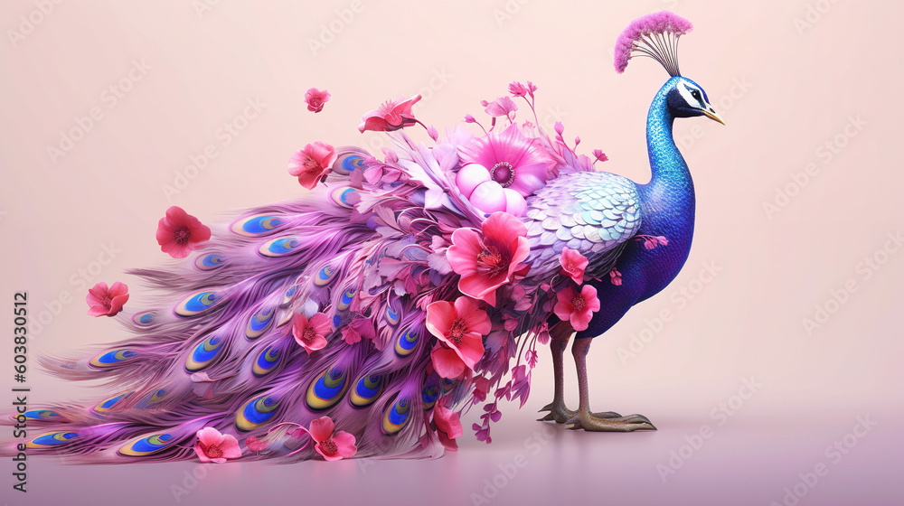 a stunning rendition of purple, white and pink peacock made of intricate details, hyperrealistic ...