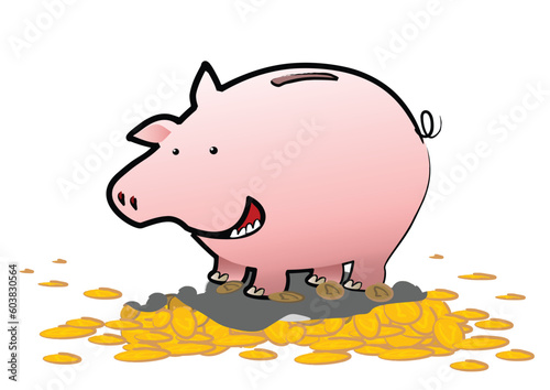 A happy piggy bank stands upon a mountain of gold coins - the savings are a bonus bonanza for it. What a happy pig!