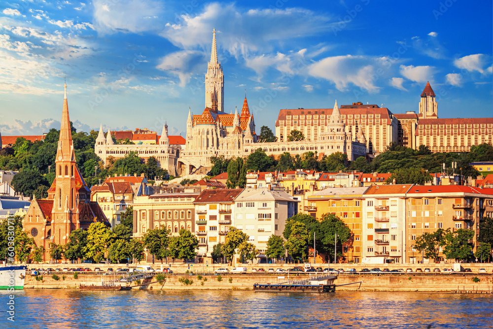 City summer landscape - view of the Buda Castle, palace complex on Castle Hill with Matthias Church over the Danube river in Budapest, Hungary