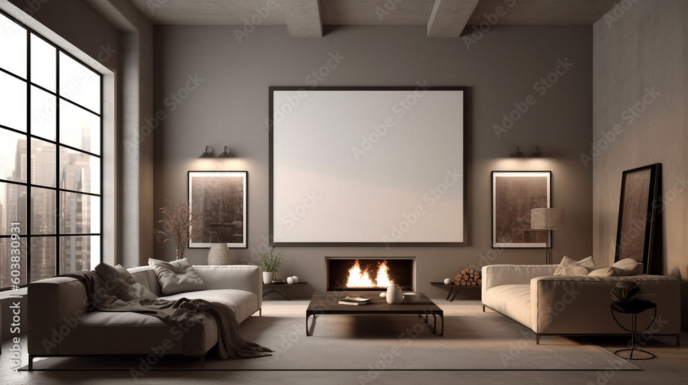 Modern Living Room with an Empty Painting Frame, Showcasing Cozy Ambiance, Generative AI Modern Living Room with an Empty Painting Frame, Showcasing Cozy Ambiance, Generative AI