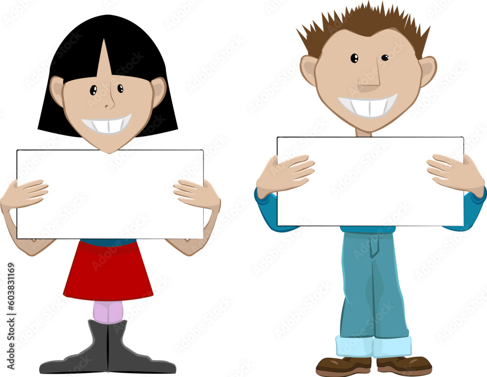2 people with blank placards.[Place whatever you like on the boards. 2 people with blank placards.[Place whatever you like on the boards.