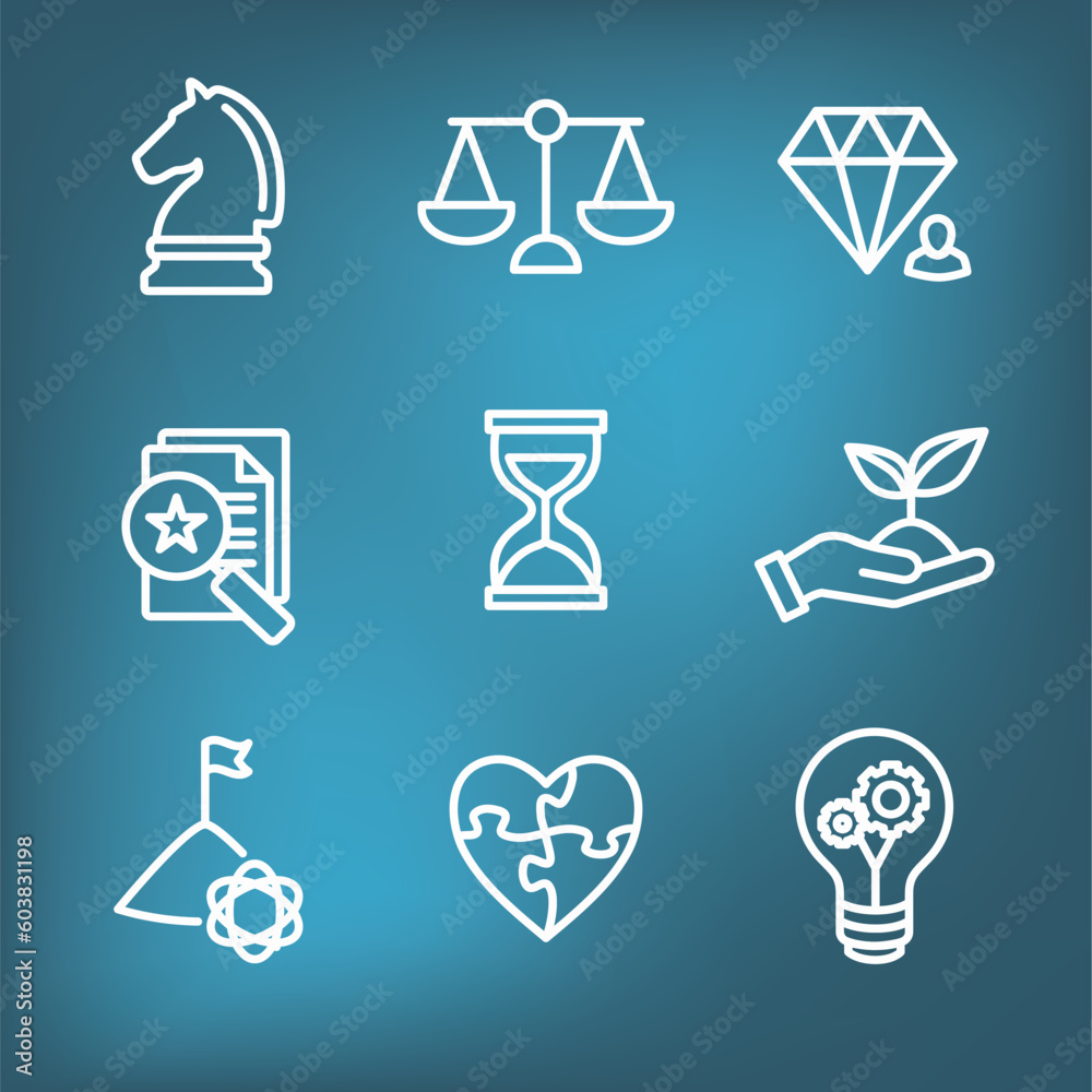 Business and Corporate Ethics Showing Company Values Icon Set Business and Corporate Ethics Showing Company Values Icon Set
