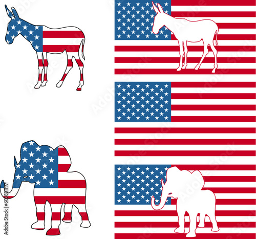 The democrat and republican symbols of a donkey and elephant and American flag.