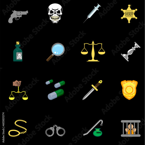 a series of design elements or icons relating to law, order, police and crime.
