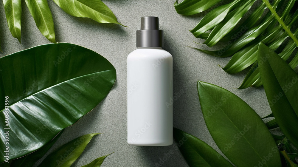 White Lotion or Skincare Container Product Mock Up on Tropical Themed Green Leaves Background - Beauty or Cosmetics Brand Flat Lay - Generative AI White Lotion or Skincare Container Product Mock Up on Tropical Themed Green Leaves Background - Beauty or Cosmetics Brand Flat Lay - Generative AI
