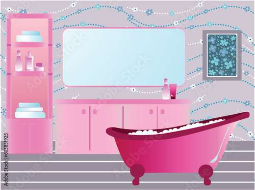Illustration of pink bathroom with retro bathtub