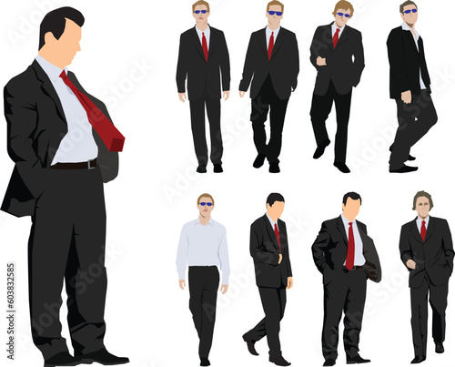 Group of nine powerful businessmen. Colour vector silhouette