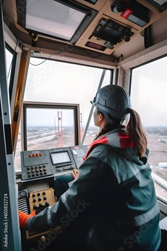 View from the cab of a construction tower crane, a female crane operator at a construction site, AI generated Generative AI